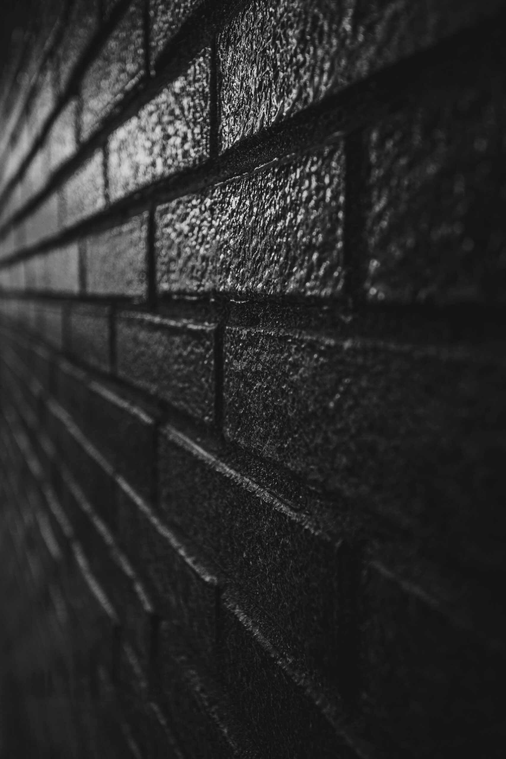 Black and white perspective view of dark brick wall outside contemporary new building